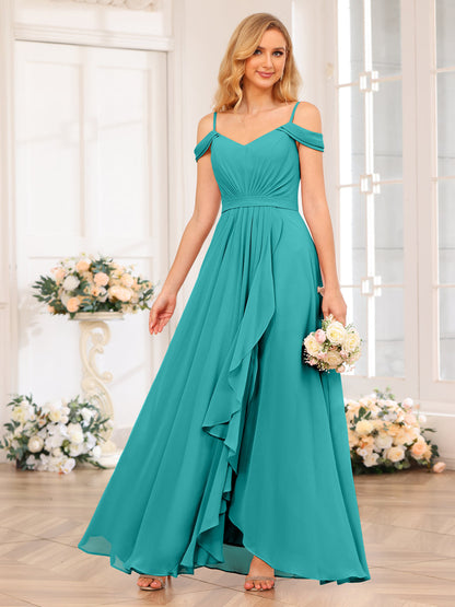 A-Line/Princesa Alças Finas Vestidos Longos de Festa de Casamento com Lado Dividido
