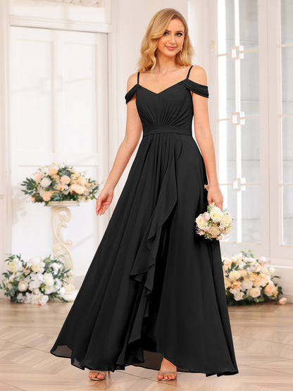 A-Line/Princesa Alças Finas Vestidos Longos de Festa de Casamento com Lado Dividido