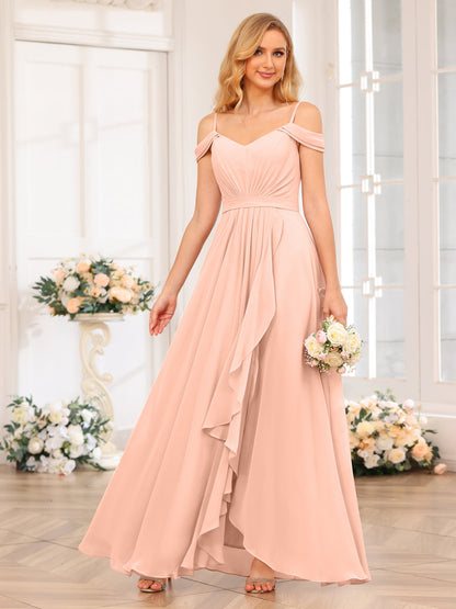 A-Line/Princesa Alças Finas Vestidos Longos de Festa de Casamento com Lado Dividido