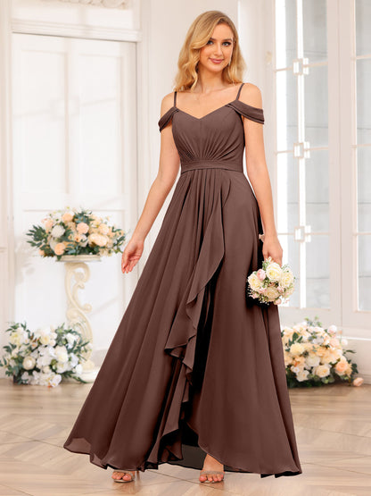 A-Line/Princesa Alças Finas Vestidos Longos de Festa de Casamento com Lado Dividido