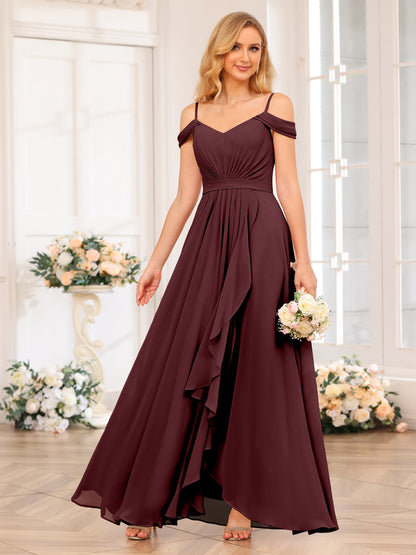 A-Line/Princesa Alças Finas Vestidos Longos de Festa de Casamento com Lado Dividido