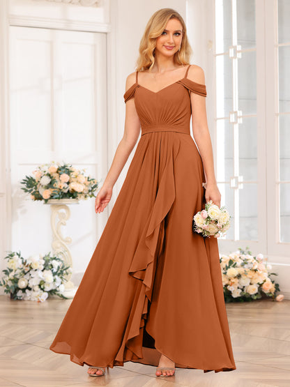 A-Line/Princesa Alças Finas Vestidos Longos de Festa de Casamento com Lado Dividido