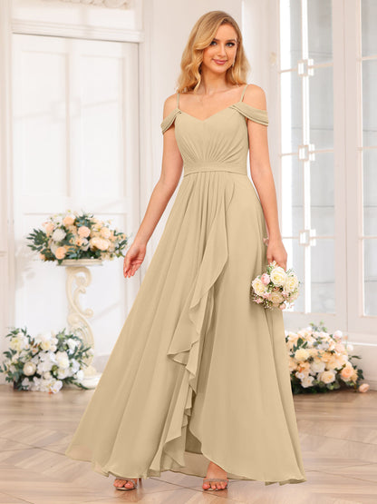 A-Line/Princesa Alças Finas Vestidos Longos de Festa de Casamento com Lado Dividido