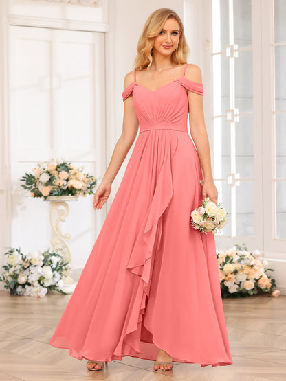 A-Line/Princesa Alças Finas Vestidos Longos de Festa de Casamento com Lado Dividido