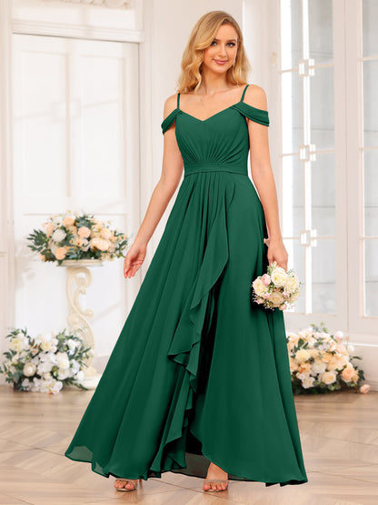 A-Line/Princesa Alças Finas Vestidos Longos de Festa de Casamento com Lado Dividido