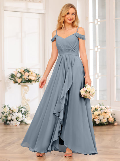 A-Line/Princesa Alças Finas Vestidos Longos de Festa de Casamento com Lado Dividido