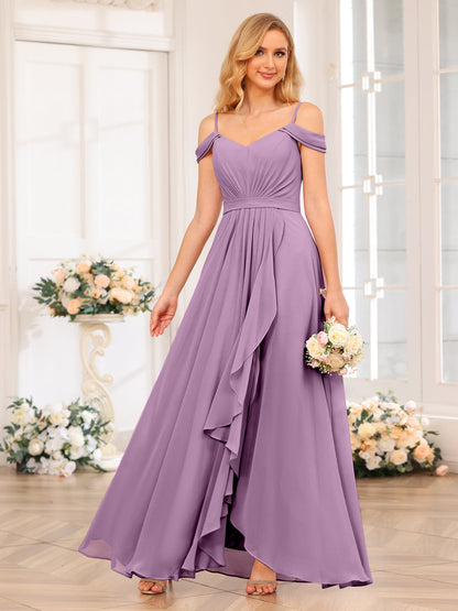 A-Line/Princesa Alças Finas Vestidos Longos de Festa de Casamento com Lado Dividido