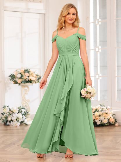 A-Line/Princesa Alças Finas Vestidos Longos de Festa de Casamento com Lado Dividido