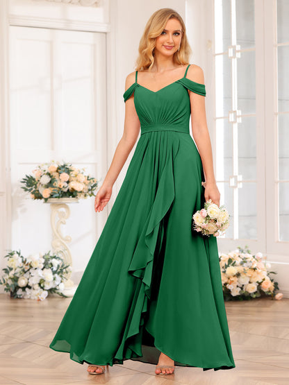 A-Line/Princesa Alças Finas Vestidos Longos de Festa de Casamento com Lado Dividido