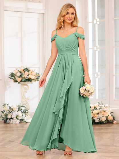 A-Line/Princesa Alças Finas Vestidos Longos de Festa de Casamento com Lado Dividido