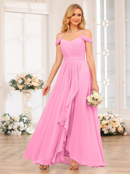 A-Line/Princesa Alças Finas Vestidos Longos de Festa de Casamento com Lado Dividido