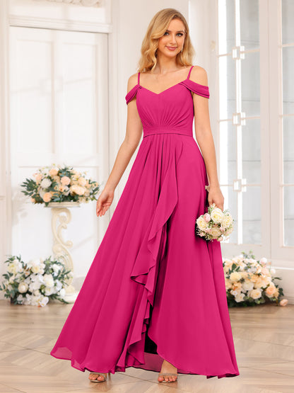 A-Line/Princesa Alças Finas Vestidos Longos de Festa de Casamento com Lado Dividido