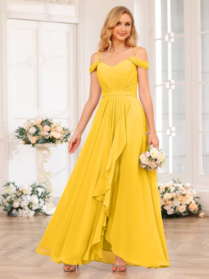 A-Line/Princesa Alças Finas Vestidos Longos de Festa de Casamento com Lado Dividido