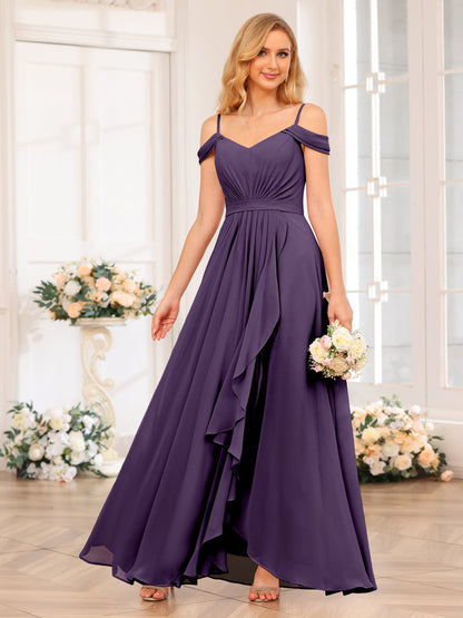 A-Line/Princesa Alças Finas Vestidos Longos de Festa de Casamento com Lado Dividido
