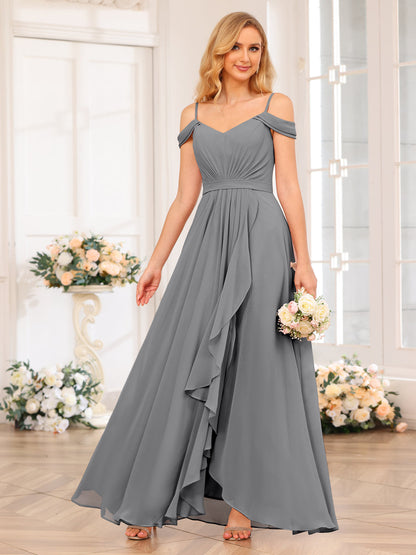 A-Line/Princesa Alças Finas Vestidos Longos de Festa de Casamento com Lado Dividido