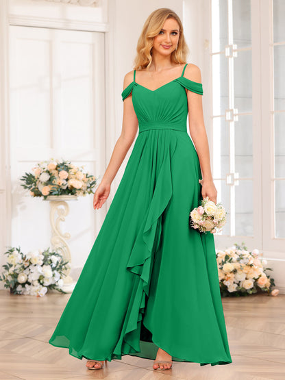 A-Line/Princesa Alças Finas Vestidos Longos de Festa de Casamento com Lado Dividido