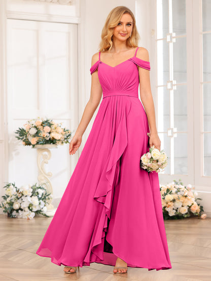 A-Line/Princesa Alças Finas Vestidos Longos de Festa de Casamento com Lado Dividido