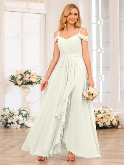 A-Line/Princesa Alças Finas Vestidos Longos de Festa de Casamento com Lado Dividido