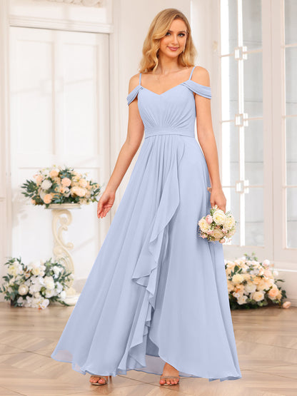 A-Line/Princesa Alças Finas Vestidos Longos de Festa de Casamento com Lado Dividido