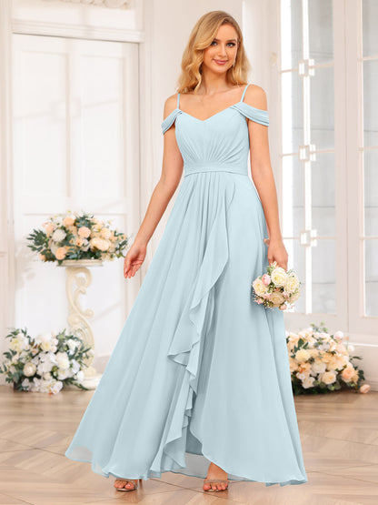 A-Line/Princesa Alças Finas Vestidos Longos de Festa de Casamento com Lado Dividido