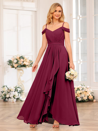 A-Line/Princesa Alças Finas Vestidos Longos de Festa de Casamento com Lado Dividido