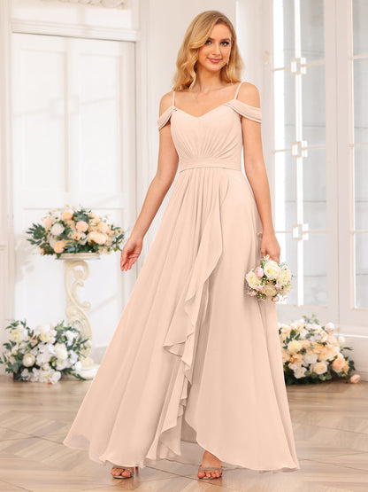 A-Line/Princesa Alças Finas Vestidos Longos de Festa de Casamento com Lado Dividido