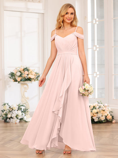 A-Line/Princesa Alças Finas Vestidos Longos de Festa de Casamento com Lado Dividido