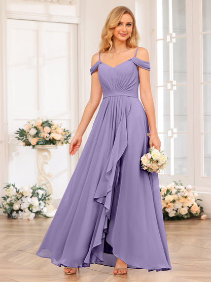 A-Line/Princesa Alças Finas Vestidos Longos de Festa de Casamento com Lado Dividido