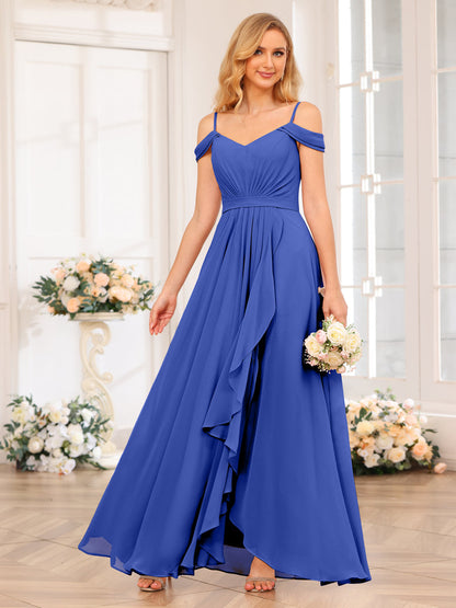 A-Line/Princesa Alças Finas Vestidos Longos de Festa de Casamento com Lado Dividido