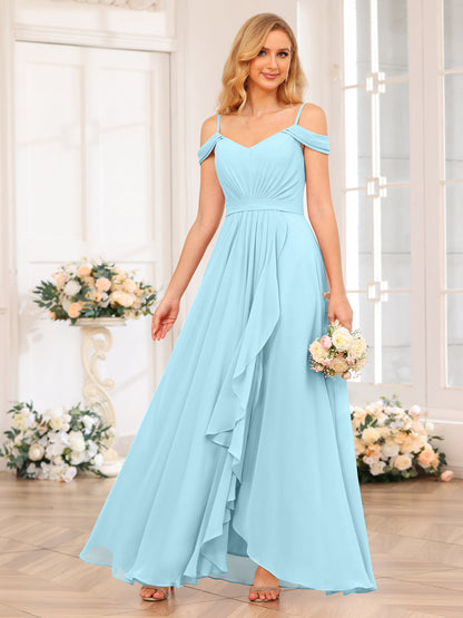 A-Line/Princesa Alças Finas Vestidos Longos de Festa de Casamento com Lado Dividido