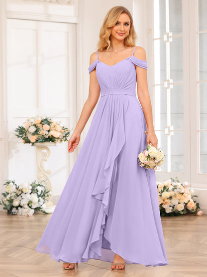 A-Line/Princesa Alças Finas Vestidos Longos de Festa de Casamento com Lado Dividido