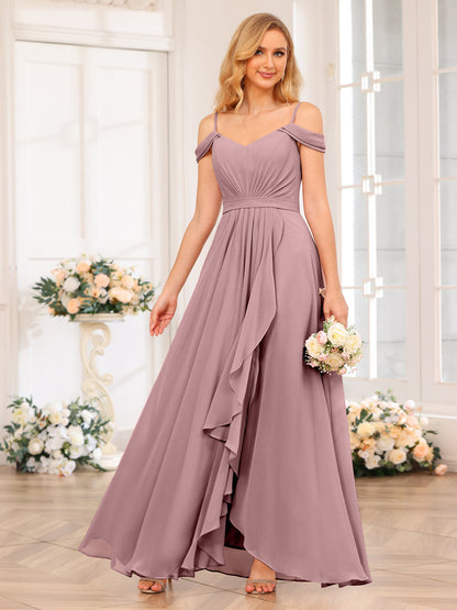 A-Line/Princesa Alças Finas Vestidos Longos de Festa de Casamento com Lado Dividido