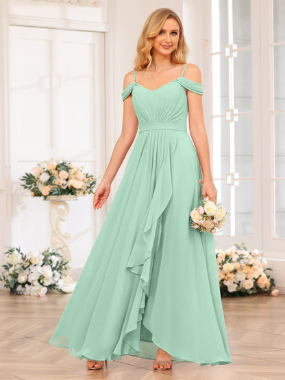A-Line/Princesa Alças Finas Vestidos Longos de Festa de Casamento com Lado Dividido