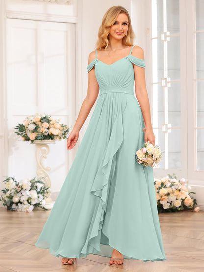 A-Line/Princesa Alças Finas Vestidos Longos de Festa de Casamento com Lado Dividido
