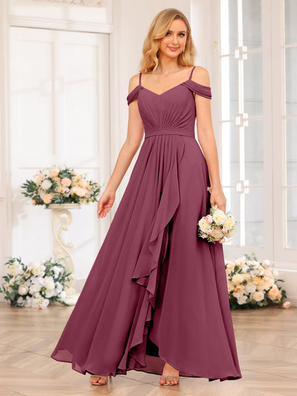 A-Line/Princesa Alças Finas Vestidos Longos de Festa de Casamento com Lado Dividido