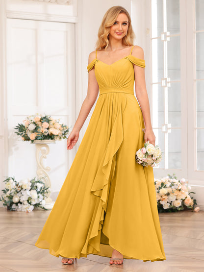 A-Line/Princesa Alças Finas Vestidos Longos de Festa de Casamento com Lado Dividido