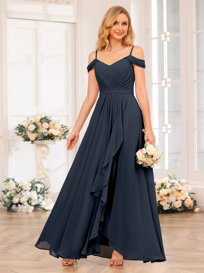 A-Line/Princesa Alças Finas Vestidos Longos de Festa de Casamento com Lado Dividido