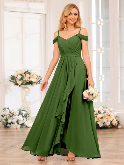 A-Line/Princesa Alças Finas Vestidos Longos de Festa de Casamento com Lado Dividido