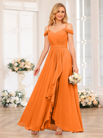 A-Line/Princesa Alças Finas Vestidos Longos de Festa de Casamento com Lado Dividido
