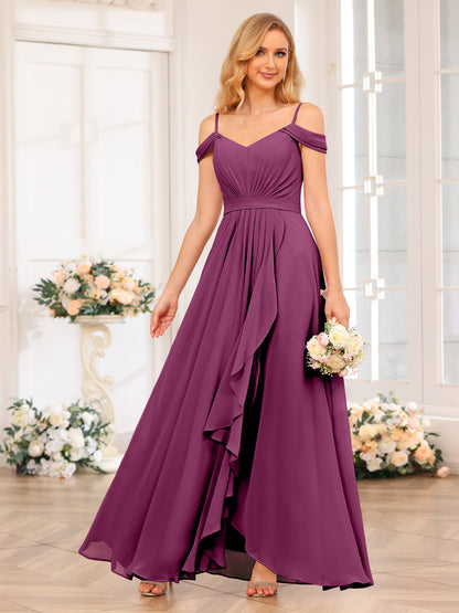 A-Line/Princesa Alças Finas Vestidos Longos de Festa de Casamento com Lado Dividido