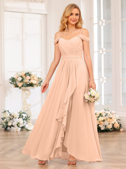 A-Line/Princesa Alças Finas Vestidos Longos de Festa de Casamento com Lado Dividido