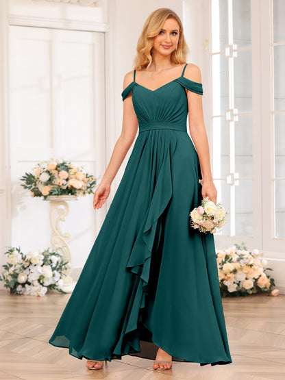 A-Line/Princesa Alças Finas Vestidos Longos de Festa de Casamento com Lado Dividido