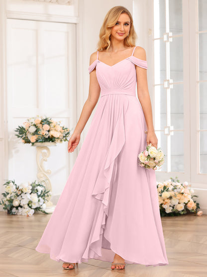 A-Line/Princesa Alças Finas Vestidos Longos de Festa de Casamento com Lado Dividido