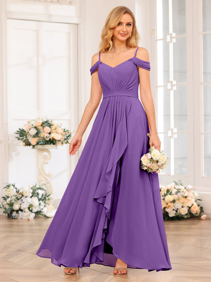 A-Line/Princesa Alças Finas Vestidos Longos de Festa de Casamento com Lado Dividido