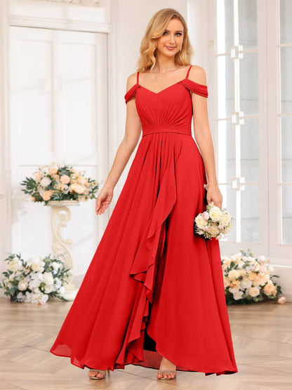 A-Line/Princesa Alças Finas Vestidos Longos de Festa de Casamento com Lado Dividido