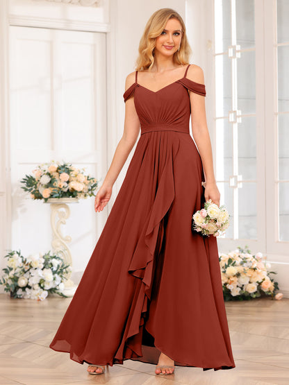 A-Line/Princesa Alças Finas Vestidos Longos de Festa de Casamento com Lado Dividido
