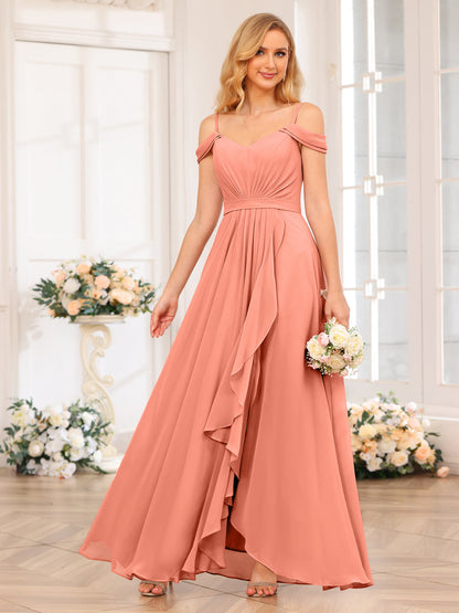 A-Line/Princesa Alças Finas Vestidos Longos de Festa de Casamento com Lado Dividido