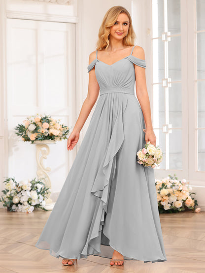 A-Line/Princesa Alças Finas Vestidos Longos de Festa de Casamento com Lado Dividido