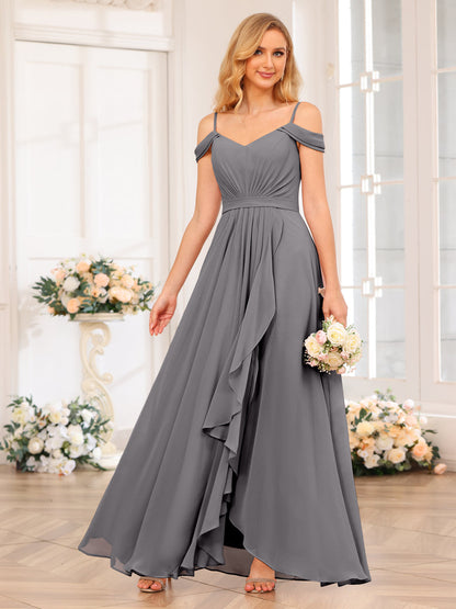A-Line/Princesa Alças Finas Vestidos Longos de Festa de Casamento com Lado Dividido
