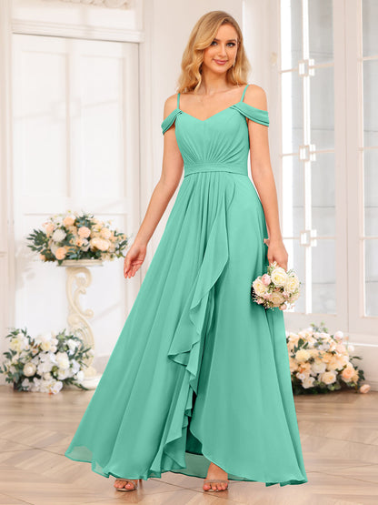 A-Line/Princesa Alças Finas Vestidos Longos de Festa de Casamento com Lado Dividido